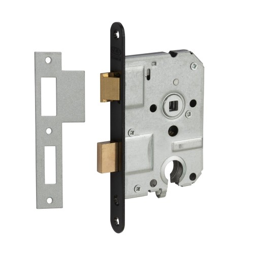 1269/3-50 BULK PER 10 DEURSLOT, DM50MM, PC55MM, KRUKGAT 8MM, VOORPLAAT STAAL ZWART GELAKT 20X174MM AFGEROND, MESSING DAG- EN NACHTSCHOOT, SLUITPLAAT P 1266, BULKVERPAKKING, PER 10 STUKS VERPAK