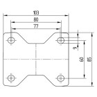 BOKWIEL, VORK VAN GEPERST STAAL, VERZINKT, WIELAS MET MOER, PLAATBEVESTIGING. WIELKERN VAN POLYAMIDE MET NIET-STREPENDE, ELASTISCHE RUBBERBAND, WIELNAAF OP ROLLAGER
