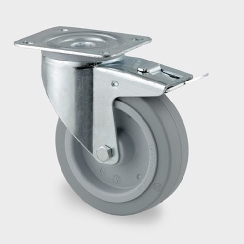 ZWENKWIEL MET DUBBELE REM, VORK VAN GEPERST STAAL, VERZINKT, DUBBELE KOGELDRAAIKRANS IN DE ZWENKKOP, WIELAS GESCHROEFD, STOFAFDICHTING, PLAATBEVESTIGING. WIELKERN VAN POLYAMIDE MET NIET-STREPENDE, ELASTISCHE RUBBERBAND, WIELNAAF OP ROLLAGER