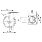 ZWENKWIEL MET DUBBELE REM, VORK VAN GEPERST STAAL, VERZINKT, DUBBELE KOGELDRAAIKRANS IN DE ZWENKKOP, WIELAS GESCHROEFD, STOFAFDICHTING, PLAATBEVESTIGING. WIELKERN VAN POLYAMIDE MET NIET-STREPENDE, ELASTISCHE RUBBERBAND, WIELNAAF OP ROLLAGER