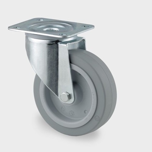 ZWENKWIEL, VORK VAN GEPERST STAAL, VERZINKT, DUBBELE KOGELDRAAIKRANS IN DE ZWENKKOP, WIELAS GESCHROEFD, STOFAFDICHTING, PLAATBEVESTIGING. WIELKERN VAN POLYAMIDE MET NIET-STREPENDE, ELASTISCHE RUBBERBAND, WIELNAAF OP ROLLAGER