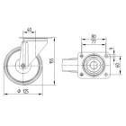 ZWENKWIEL, VORK VAN GEPERST STAAL, VERZINKT, DUBBELE KOGELDRAAIKRANS IN DE ZWENKKOP, WIELAS GESCHROEFD, STOFAFDICHTING, PLAATBEVESTIGING. WIELKERN VAN POLYAMIDE MET NIET-STREPENDE, ELASTISCHE RUBBERBAND, WIELNAAF OP ROLLAGER