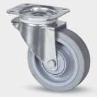 ZWENKWIEL, VORK VAN GEPERST STAAL, VERZINKT, DUBBELE KOGELDRAAIKRANS IN DE ZWENKKOP, WIELAS GESCHROEFD, STOFAFDICHTING, PLAATBEVESTIGING. WIELKERN VAN POLYAMIDE MET NIET-STREPENDE, ELASTISCHE RUBBERBAND, WIELNAAF OP ROLLAGER