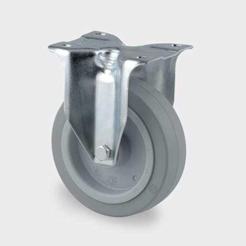 BOKWIEL, VORK VAN GEPERST STAAL, VERZINKT, WIELAS MET MOER, PLAATBEVESTIGING. WIELKERN VAN POLYAMIDE MET NIET-STREPENDE, ELASTISCHE RUBBERBAND, WIELNAAF OP ROLLAGER