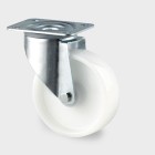 ZWENKWIEL, VORK VAN GEPERST STAAL, VERZINKT, DUBBELE KOGELDRAAIKRANS IN DE ZWENKKOP, WIELAS GESCHROEFD, STOFAFDICHTING, PLAATBEVESTIGING. WIELKERN VAN POLYAMIDE, WIELNAAF OP ROLLAGER, VOORZIEN VAN AFDEKKAPPEN
