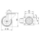 ZWENKWIEL, VORK VAN GEPERST STAAL, VERZINKT, DUBBELE KOGELDRAAIKRANS IN DE ZWENKKOP, WIELAS GESCHROEFD, STOFAFDICHTING, PLAATBEVESTIGING. WIELKERN VAN POLYAMIDE, WIELNAAF OP ROLLAGER, VOORZIEN VAN AFDEKKAPPEN