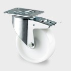 ZWENKWIEL MET DUBBELE REM, VORK VAN GEPERST STAAL, VERZINKT, DUBBELE KOGELDRAAIKRANS IN DE ZWENKKOP, WIELAS GESCHROEFD, STOFAFDICHTING, PLAATBEVESTIGING. WIELKERN VAN POLYAMIDE, WIELNAAF OP ROLLAGER, VOORZIEN VAN AFDEKKAPPEN