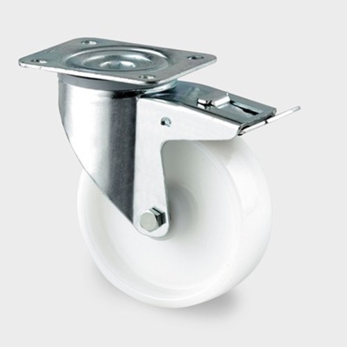 ZWENKWIEL MET DUBBELE REM, VORK VAN GEPERST STAAL, VERZINKT, DUBBELE KOGELDRAAIKRANS IN DE ZWENKKOP, WIELAS GESCHROEFD, STOFAFDICHTING, PLAATBEVESTIGING. WIELKERN VAN POLYAMIDE, WIELNAAF OP ROLLAGER, VOORZIEN VAN AFDEKKAPPEN
