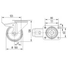 ZWENKWIEL MET DUBBELE REM, VORK VAN GEPERST STAAL, VERZINKT, DUBBELE KOGELDRAAIKRANS IN DE ZWENKKOP, WIELAS GESCHROEFD, STOFAFDICHTING, PLAATBEVESTIGING. WIELKERN VAN POLYAMIDE, WIELNAAF OP ROLLAGER, VOORZIEN VAN AFDEKKAPPEN