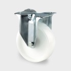 BOKWIEL, VORK VAN GEPERST STAAL, VERZINKT, WIELAS MET MOER, PLAATBEVESTIGING. WIELKERN VAN POLYAMIDE, WIELNAAF OP ROLLAGER, VOORZIEN VAN AFDEKKAPPEN