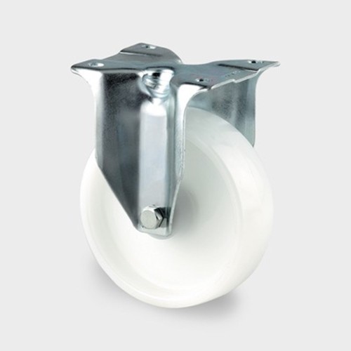 BOKWIEL, VORK VAN GEPERST STAAL, VERZINKT, WIELAS MET MOER, PLAATBEVESTIGING. WIELKERN VAN POLYAMIDE, WIELNAAF OP ROLLAGER, VOORZIEN VAN AFDEKKAPPEN