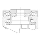 ZWENKWIEL, VORK EN WIEL VAN HOOGWAARDIG SYNTHETISCH MATERIAAL, ZWENKLAGER MET DUBBELE KOGELDRAAIKRANS, BOUTGAT. WIELKERN VAN POLYPROPYLEEN MET GRIJZE NIET-STREPENDE TENTEPRENE THERMOPLASTISCHE RUBBERBAND, WIELNAAF OP PRECISIEKOGELLAGER, MET AFDEKKAP