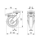 ZWENKWIEL MET DUBBELE REM, VORK EN WIEL VAN HOOGWAARDIG SYNTHETISCH MATERIAAL, ZWENKLAGER MET DUBBELE KOGELDRAAIKRANS, BOUTGAT. WIELKERN VAN POLYPROPYLEEN MET GRIJZE NIET-STREPENDE TENTEPRENE THERMOPLASTISCHE RUBBERBAND, WIELNAAF OP PRECISIEKOGELLAG